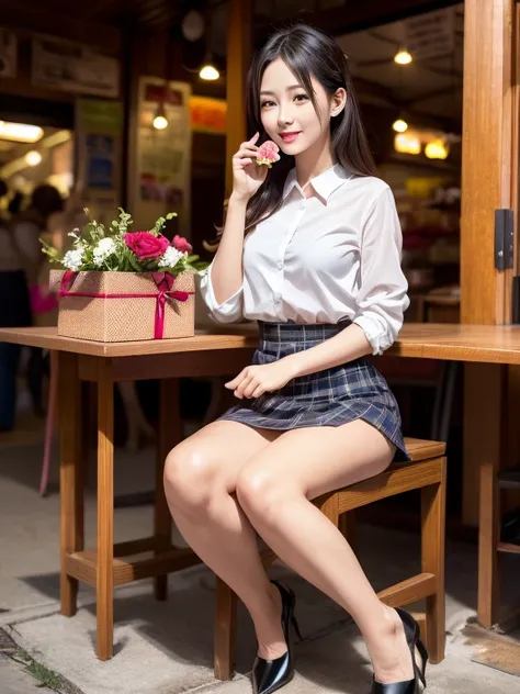 asian cute woman model, innocent cute face, lace, high heels wearing white shirt brown and white plaid school girl outfit skirt,...