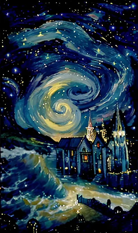 A combination of bright night sky and sea、Medieval European Streets、cathedral、Perfect depiction、detail portrayal、best qualtiy