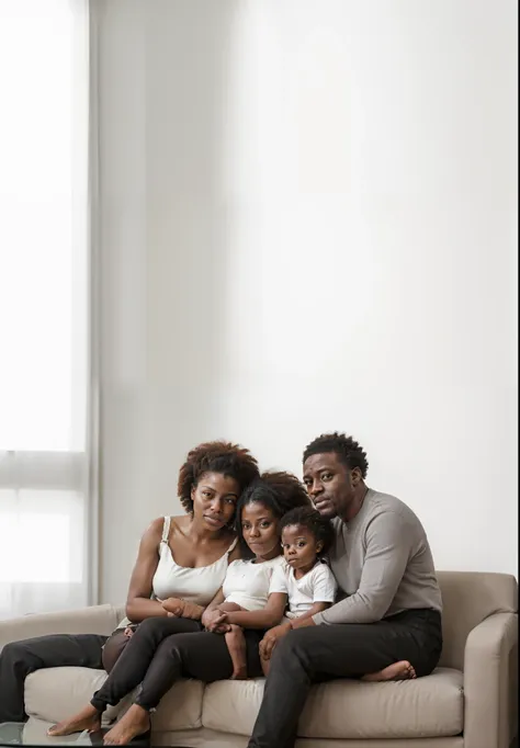 there is a mother, uma filha, a baby and a father, todos com a pele escura, pele preta, afro descendentes, sitting on a sofa in ...