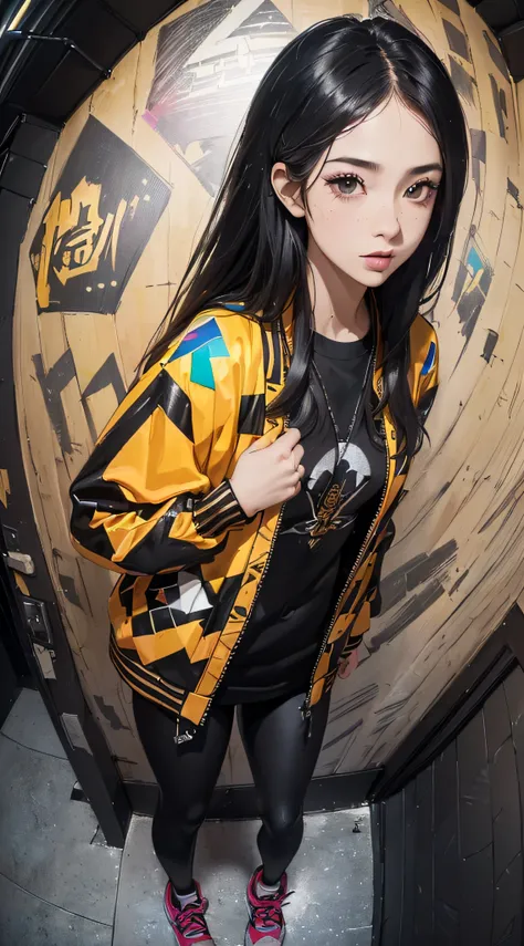 (((8k wallpaper of extremely detailed CG unit:1.2, ​masterpiece, hight resolution:1.2, top-quality:1.2, masutepiece))), ((a very beautiful woman, Hands in pockets:1.8, Grunge Fashion:1.2, Wearing a blouson:1.2, Wearing leggings, Wearing shoes)), ((extra de...