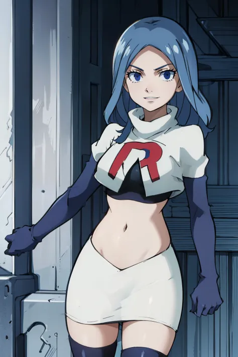 juviagmg ,team rocket uniform, red letter r, white skirt,white crop top,black thigh-highs,black elbow gloves, smile, blue eyes, ...