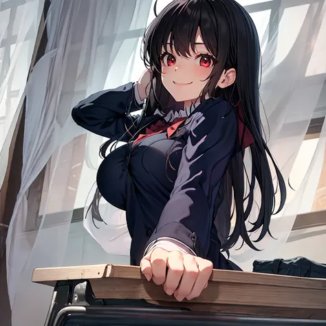 Highschool girl, in a classroom ,hands behind hand,smile, black hair, red eyes, big breast, extremely detailed, detailed face