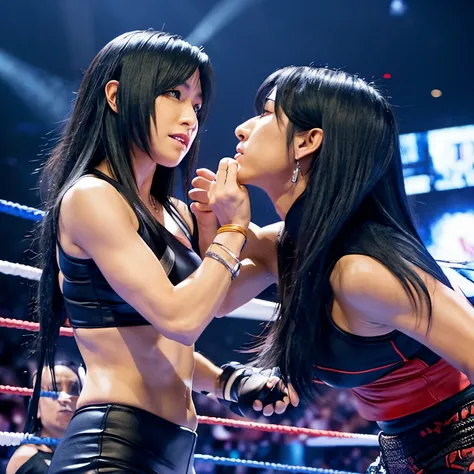 Tifa, from final fantasy 7, elbow dropping Ric Flair in a WWE ring