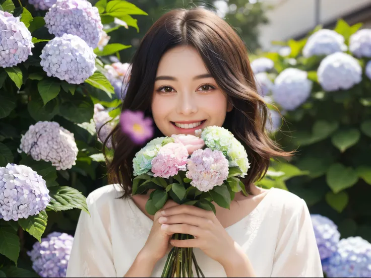 (best quality,4k,highres:1.2),ultra-detailed,portraits,colorful,beautiful detailed eyes,beautiful hair,floral dress,vibrant colors,smiling expression,holding a bouquet of flowers,in a garden full of rainbow,hydrangea blossoms,soft natural lighting