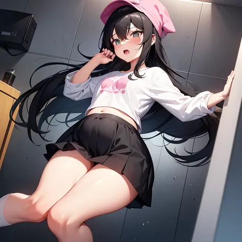 The woman has long black hair down to her waist, wears a cute pink hat, wears pink casual clothes and wears a fairly small skirt with white socks covering her legs up to her thighs, her expression looks like she is panicking and screaming, She is in the ba...