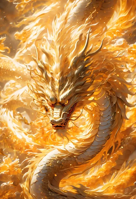 an asian chinese dragon flying above a building, in the style of light gold and light amber, dimensional multilayering, hyper-re...