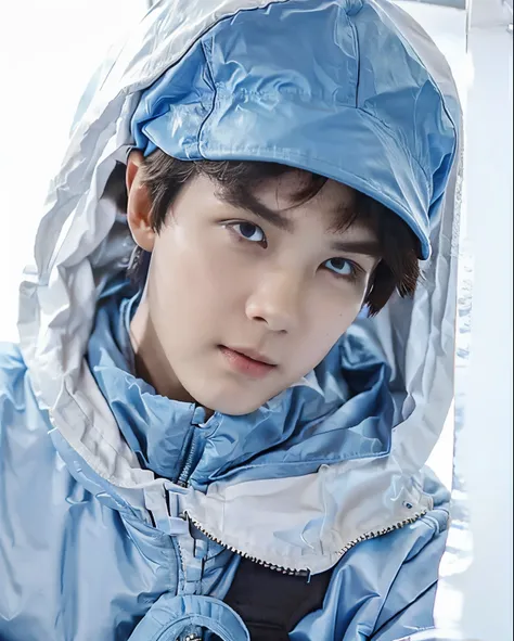 1boy, boboiboy ice, blue and white jacket, short hair, brown hair, realistic, ultra detail, 70mm lens,