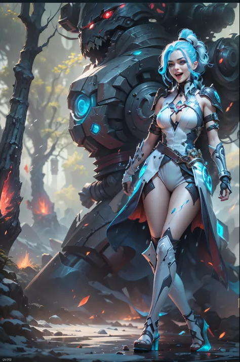 (Long-range shooting: 1.5), jinx (league of legends), (1girl，League of Legends Jinx)，(Scarlet eyes, crazy laughter, Blue double ponytail hair: 1.5)，Kungfu，((Wearing a white futuristic sci-fi plastic mecha: 1.5，head to toe，Crystal heels，standing on your fee...