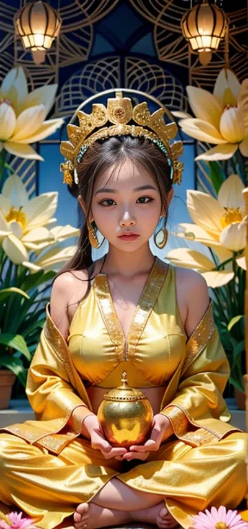 1girl in、top-quality、​masterpiece、超A high resolution、(Photorealsitic:1.4)、Raw photo、Deities々Goddess Sibit、（Face of 15 year old beautiful girl）、Straight long hair、glowy skin、Dramatic、（Golden See-Through Competition Swimwear）、（Golden transparent fluttering r...