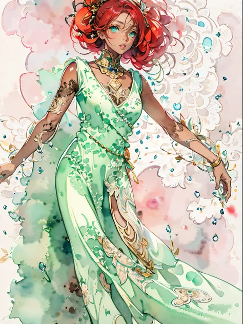 A black woman with red hair and light green eyes, wearing elegant party clothes, with scattered contours and white background, intricate details, low key, watercolor, splash