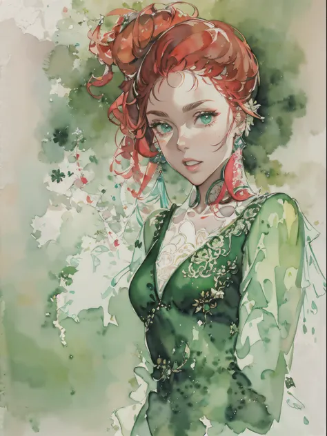 A black woman with red hair and light green eyes, wearing elegant party clothes, with scattered contours and white background, intricate details, low key, watercolor, splash