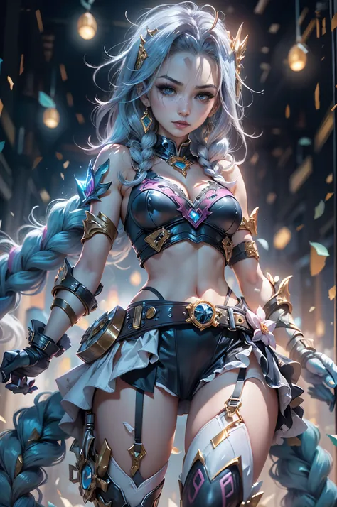 league of legend, (jinx (league of legends), 1girl, Blue double braids, Alone、full body shot of，standing on your feet，head to toe，Slim figure、White network set、White plastic tights with thin clothes, Gold gloves、 ((mini-skirts)),Wear pink tights under skir...