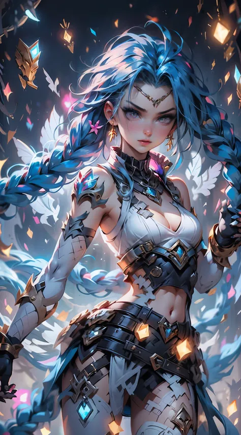 league of legend, (jinx (league of legends), 1girl, Blue double braids, Alone、full body shot of，standing on your feet，head to toe，Slim figure、White network set、White plastic tights with thin clothes, Gold gloves、 ((mini-skirts)),Wear pink tights under skir...