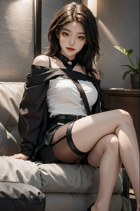 ((realistic)), 20-year-old sexy model, one shoulder off shoulder shirt, black short skirt, black lence stockings, ((full body)), Sit Pose, sitting in the couch, Cross ed leg, best qualtiy, 超高分辨率, lighting perfect, ssmile, Close up