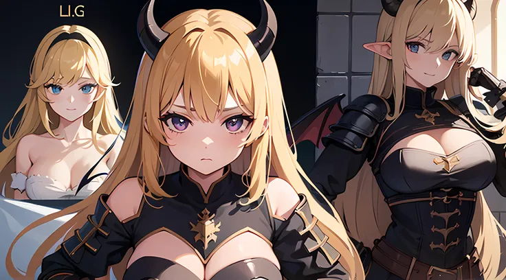 (1 girl with demon horns and bat wings, wearing medieval era armored knight uniform) a close up waifu doing a pose in castle, big breast, armored knight dress, breast plate, blonde hair, (full body:0.6), blushed face, pixiv contest winner, best anime artst...