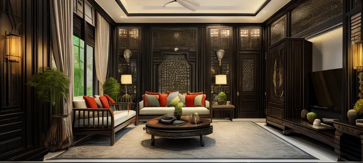 (( masterpiece)) (( ultral realistic)) (( sharp forcus)) (( high detail)) livingroom in indochina style,china , vietnam, black w...