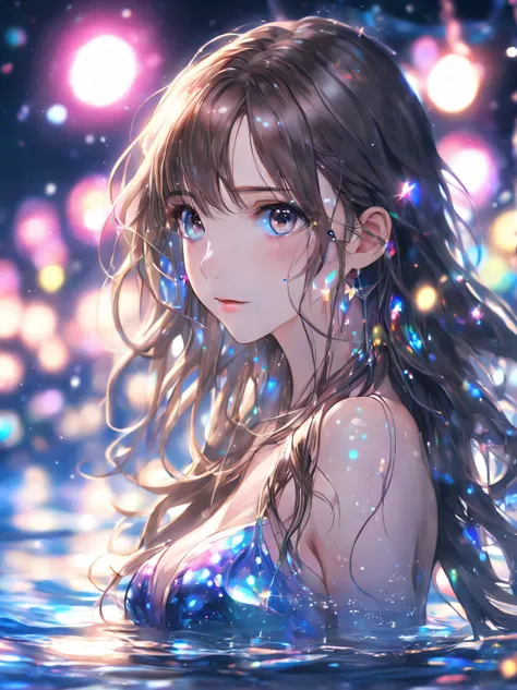 side face focus, eyes focus, cute face, masterpiece, best quality, sharp focus, UHD, 1girl, Long brown hair, side look to viewers, standing in water, wearing a black bra, colorful lights, sparkling eyes, blue night, colorful galaxy lights, side-looking, up...