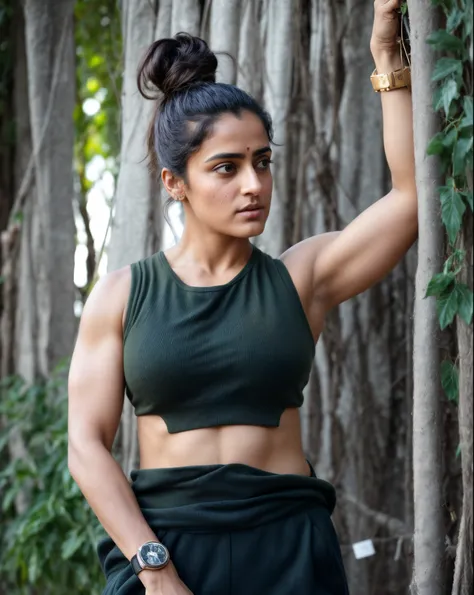 face of pv sindhu and tapsee pannu, perfect thick dusky beauty, dynamic lighting, wearing olive green knit cami top, she is the ...