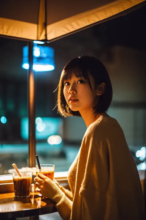 1 girl, Average Japanese, Beautiful, Beautiful backlight, Short tent opening, Master piece, Best quality, Super detailed, Solo, (Night time), Energetic, Shadow, Contrast, Clear sky, Analog style (View Viewer: 1.2) (Skin Texture) , (Warm Tones, Light Tones:...