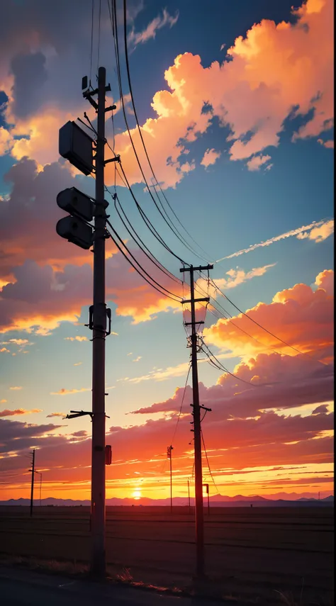 telephone poles on a backdrop of endless flat farmland with dramatic clouds in the sky using four vibrant sunset colors