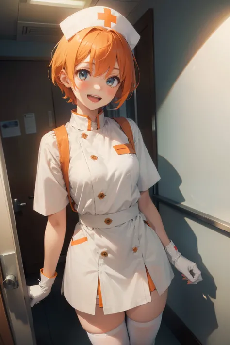 1girl, solo, nurse, nurse cap, white wear, ((white legwear, zettai ryouiki)), white gloves, very short hair, orange hair, smile, open mouth, standing, ((hospital room)), sharp outline, short sleeves, tomboy, boyish, best quality, masterpiece