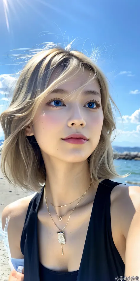 top-quality、​masterpiece、21-year-old Japan woman、blonde hair with highlights、short-cut、waved hair、Blue eyes、Black clothe、look up to、The upper part of the body、Hair strands、light skinned、a necklace、A bracelet、耳Nipple Ring