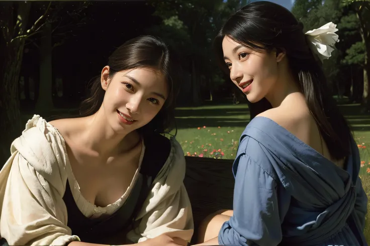 Poussin-style landscape,A smile,,Sweet and seductive appearance.、Caravaggios paintings、Chiaroscuro of Caravaggio、Hair disheveled in the wind,Two women frolicking,cute smile, expression of ecstasy