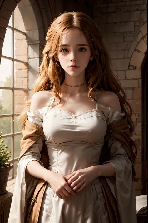 Generate a tender and romantic digital illustrated of hermione granger with large boobs from harry potter series, Capture the warmth of her body as she holding her breast, paying attention to the details in their attire and surroundings. Create an atmosphe...