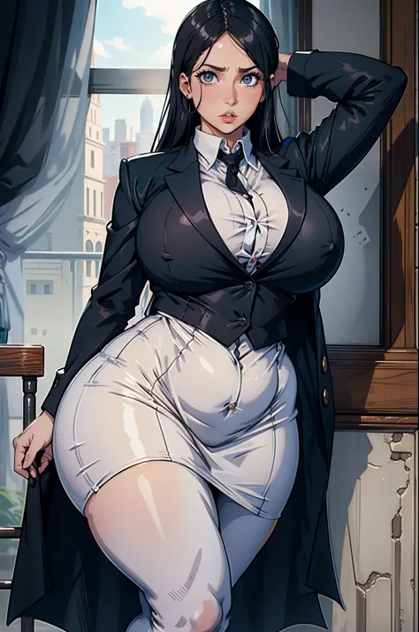 La mejor calidad, Mujer madura, pechos gigantes, gigante, very curvy, Cola de caballo alta, ojos negros, labios carnosos, seductor, Uniforme principal, Blazer negro, White button up, pencil skirt, escote expuesto, sujetador rojo de encaje