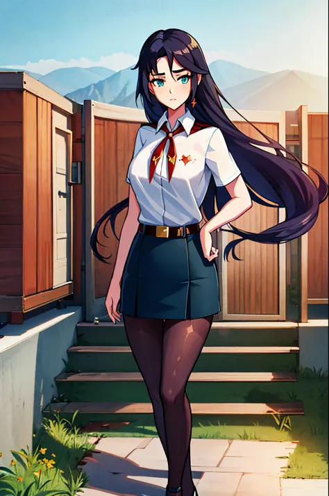 mona from genshin impact skirt, sexy and beautiful girl, in full height, soviet surroundings, style of the ussr, pioneer counsel...