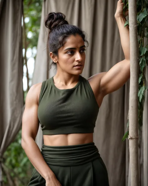 face of pv sindhu and tapsee pannu, perfect thick dusky beauty, dynamic lighting, wearing olive green knit cami top, she is the ...