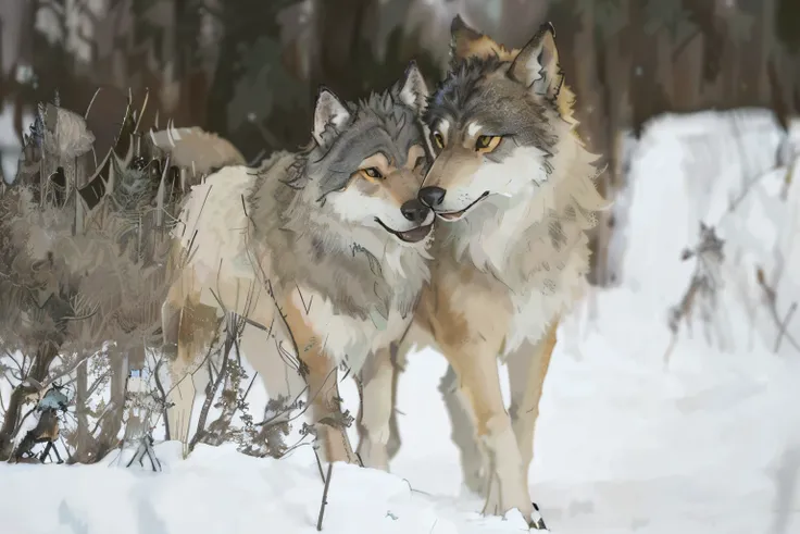 There are two gray wolves walking together in the snow, Wolves, wolves and their treasures, photo of wolf, wallp, wolf pack following, Angie Wolf, wolf companion, coyote, cute couple, Symmetrical!, adult twins, large wolf, much wow, by Mattia Jama, by Casp...