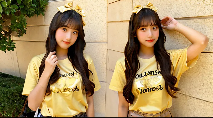 Cute high school girl, 18 years old, wearing a golden T-shirt and bloomers.