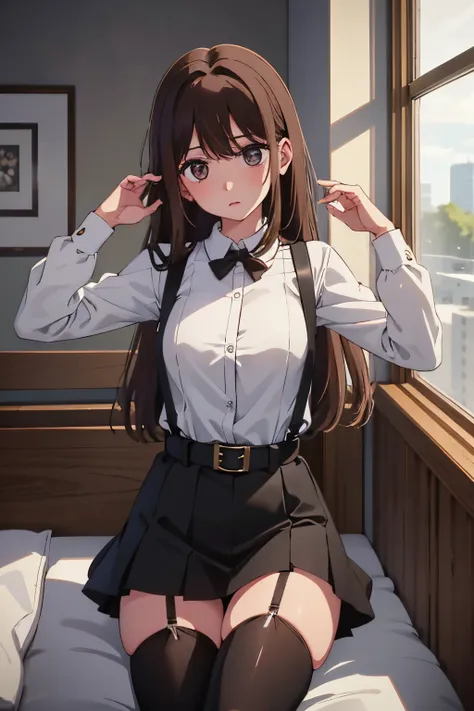 ​masterpiece、flat-colors、depth of fields、lens flare 1 girl、、Brown hair、watching at viewers　　　black suspenders　　　Bulging big breasts　　 　 　　　walls: 　Black miniskirt　garters　　　　　　Gaze　　　Small face　bangss 　　　holster　　a belt 　Beautuful Women　srestrained　hands u...