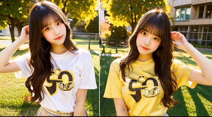 Cute high school girl, 18 years old, wearing a golden T-shirt and bloomers.