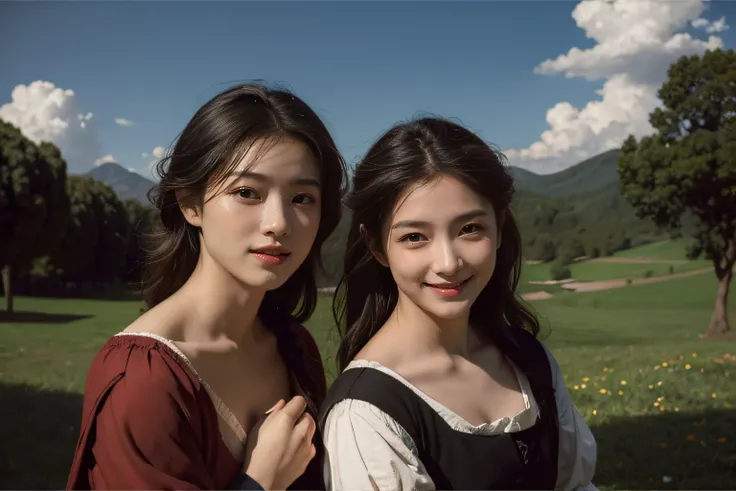 Poussin-style landscape,A smile,,Sweet and seductive appearance.、Caravaggios paintings、Chiaroscuro of Caravaggio、Hair disheveled in the wind,Two women frolicking,cute smile, expression of ecstasy