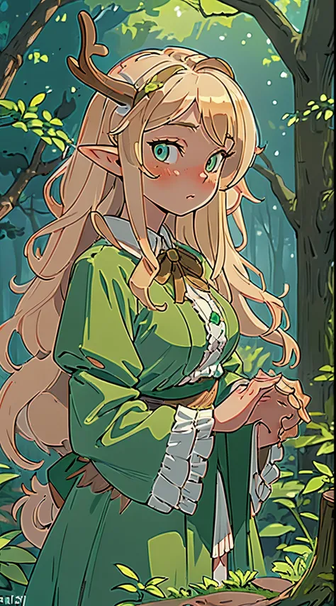 (masterpiece, best quality), 1girl, intricate details, blonde, leaf, wavy hair, looking at viewer, elf, upper body, forest, frills, mist, deer antlers,