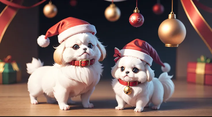 3D vector art、Colorful cute white pekingese dog、wearing a christmas hat,The collar has a bell、 cute christmas present, Ultra-realistic high quality,  Cute and quirky, Fantasy Art, Watercolor effect