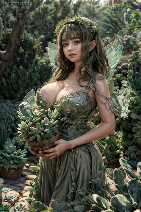 masterpiece, best quality, ultra-detailed, photorealistic, an extremely delicate and beautiful, ((Succulents:1.1) garden), depth of field, professional lighting, (a potted (succulent plant:1.1)) with female fairy, fully clothed, huge breasts, cleavage, ful...