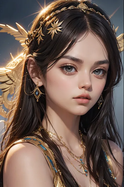 "Generate an AI image depicting Mila Kunis as a mythical Greek goddess, combining elements of classical beauty and divine grace. Consider incorporating ethereal themes and symbols associated with Greek mythology to enhance the mystical and otherworldly amb...