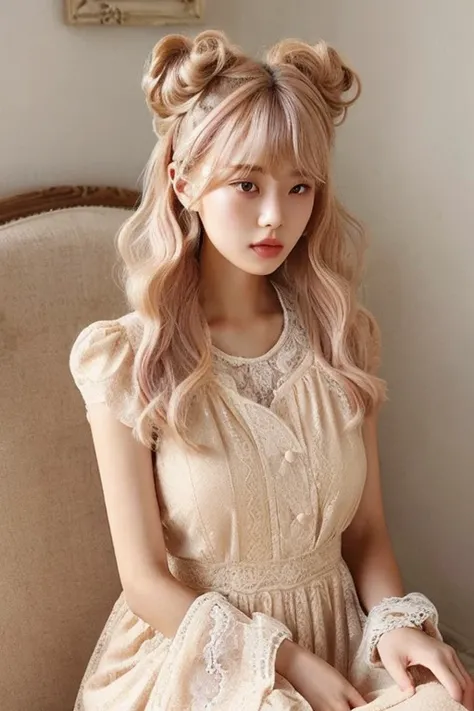 women are beige,20yr old、 beige and pink gradation color hair、Fluffy hairstyle with two very large buns、Pattsun bangs、Wearing a lace dress、Fashion Editorial