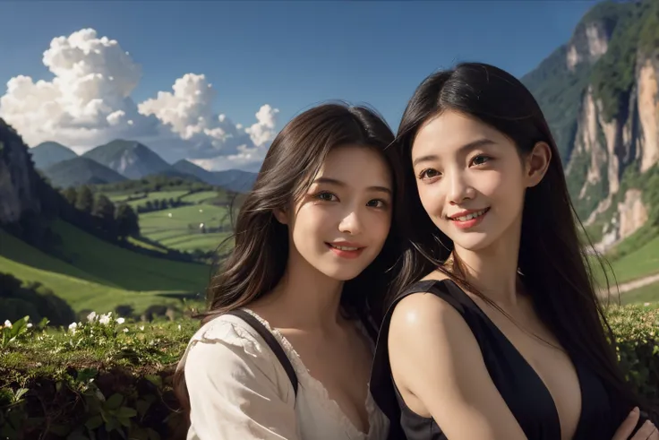 Poussin-style landscape,A smile,,Sweet and seductive appearance.、Caravaggios paintings、Chiaroscuro of Caravaggio、Hair disheveled in the wind,Two women frolicking,cute smile, expression of ecstasy