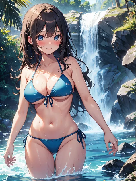 1girl, solo, (bikini), smiling, (blushing:1.3), large breasts, thighs, (soaking wet:1.2), waterfall background