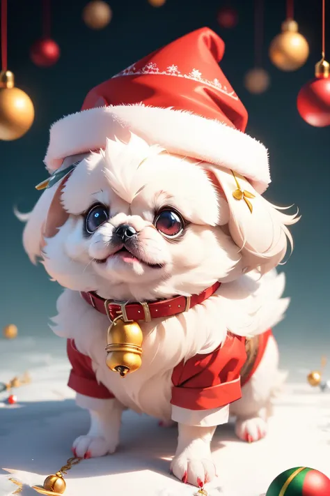 3D vector art、Colorful cute white pekingese dog、wearing a christmas hat,The collar has a bell、 cute christmas present, Ultra-realistic high quality,  Cute and quirky, Fantasy Art, Watercolor effect