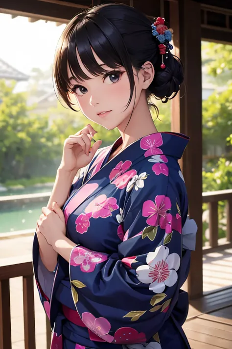 Young woman in yukata, hide your hands in your sleeves, masterpiece, best quality, super detail