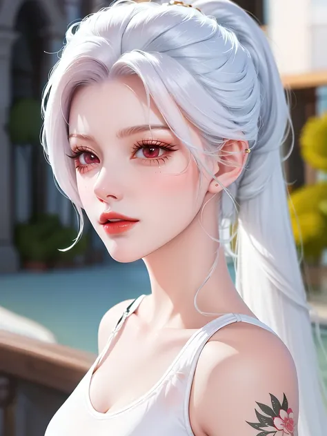 a close up of a woman with a white top and a tattoo on her arm, tifa lockhart with white hair, detailed white long hair, silver hair (ponytail), girl with white hair, deviantart artstation cgscosiety, white ponytail hair, realistic anime 3 d style, anime s...