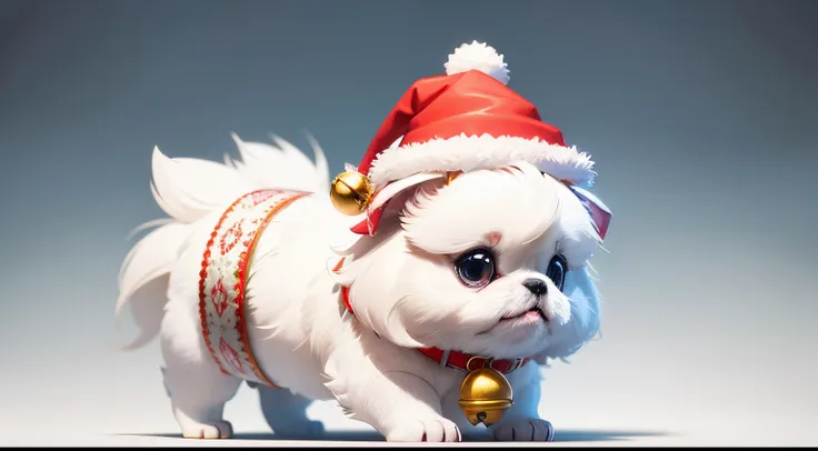 3D vector art、Colorful cute white pekingese dog、wearing a christmas hat,The collar has a bell、 cute christmas present, Ultra-realistic high quality,  Cute and quirky, Fantasy Art, Watercolor effect、Taken from the side