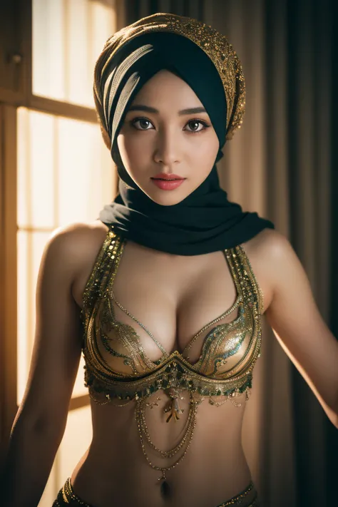 bellydancer, cyberpunk, javanese, (((hijabi))), cleavage, reflection light, chiaroscuro, depth of field, cinematic lighting, ray tracing, Sony FE GM, UHD, super detail, masterpiece, textured skin, high details, best quality, award winning，3D,hdr（HighDynami...