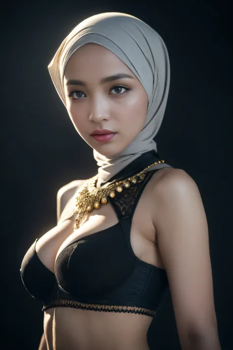 bellydancer, cyberpunk, javanese, (((hijabi))), cleavage, reflection light, chiaroscuro, depth of field, cinematic lighting, ray tracing, Sony FE GM, UHD, super detail, masterpiece, textured skin, high details, best quality, award winning，3D,hdr（HighDynami...