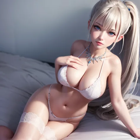 super high quality, (8k, RAW photo, realistic), detailed and delicate depiction and flashy and dynamic painting method, lying down on the bed, wearing white lace micro thong lingerie, one hand grabbing_own_breast and one hand grabbing_own_between legs, whi...